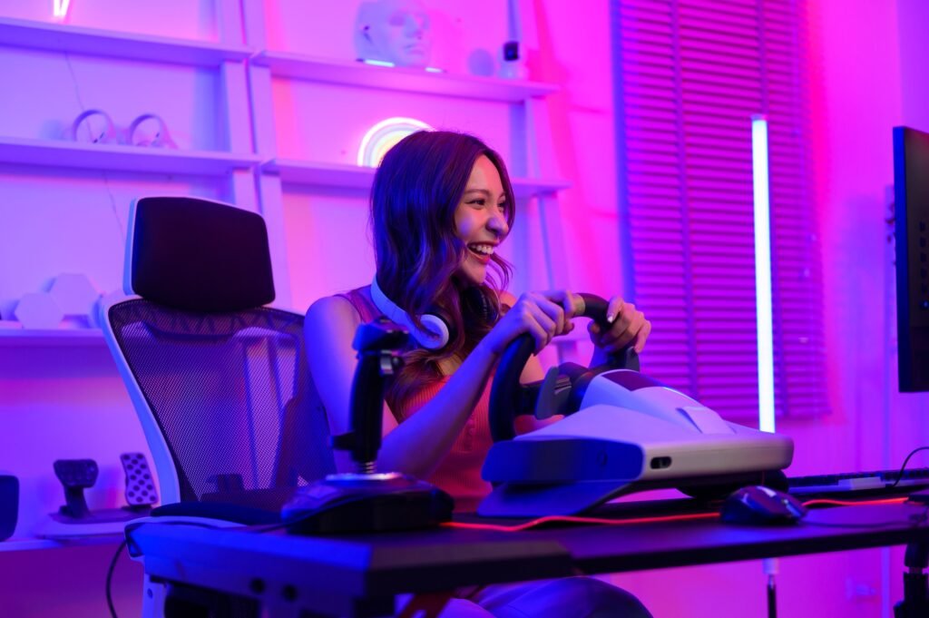 Young Asian pretty woman Pro Gamer have live streaming playing video game, Racing game at home